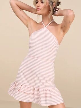 Lulu's Pink and White Striped Halter Mini Dress